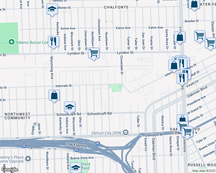 map of restaurants, bars, coffee shops, grocery stores, and more near 8203 Intervale Street in Detroit