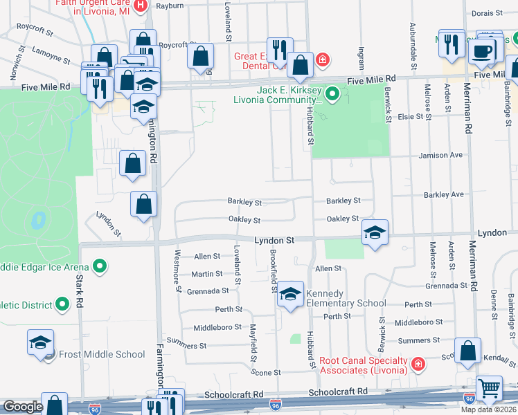 map of restaurants, bars, coffee shops, grocery stores, and more near 32711 Barkley Street in Livonia