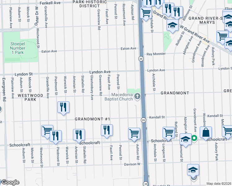 map of restaurants, bars, coffee shops, grocery stores, and more near 14301 Penrod Street in Detroit