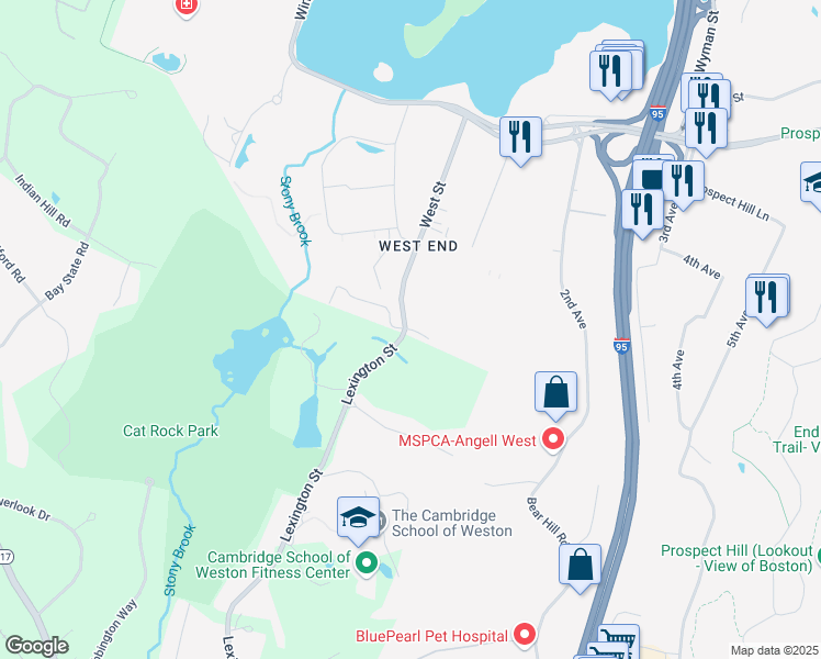 map of restaurants, bars, coffee shops, grocery stores, and more near 750 Main Street in Waltham