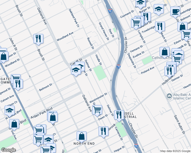 map of restaurants, bars, coffee shops, grocery stores, and more near 9676 Delmar Street in Detroit