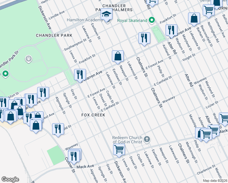 map of restaurants, bars, coffee shops, grocery stores, and more near 4685 Lakeview Street in Detroit