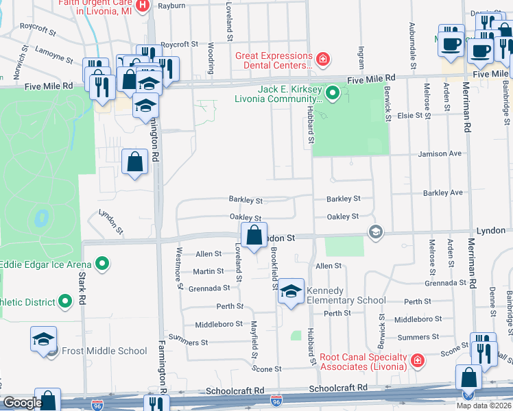 map of restaurants, bars, coffee shops, grocery stores, and more near 32711 Barkley Street in Livonia