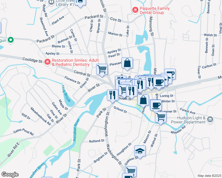 map of restaurants, bars, coffee shops, grocery stores, and more near 38387 Washington Street in Hudson