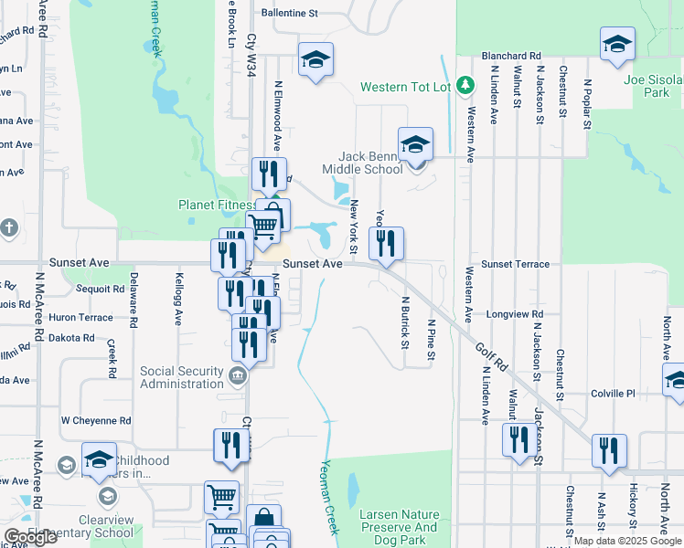 map of restaurants, bars, coffee shops, grocery stores, and more near 1615 Sunset Avenue in Waukegan
