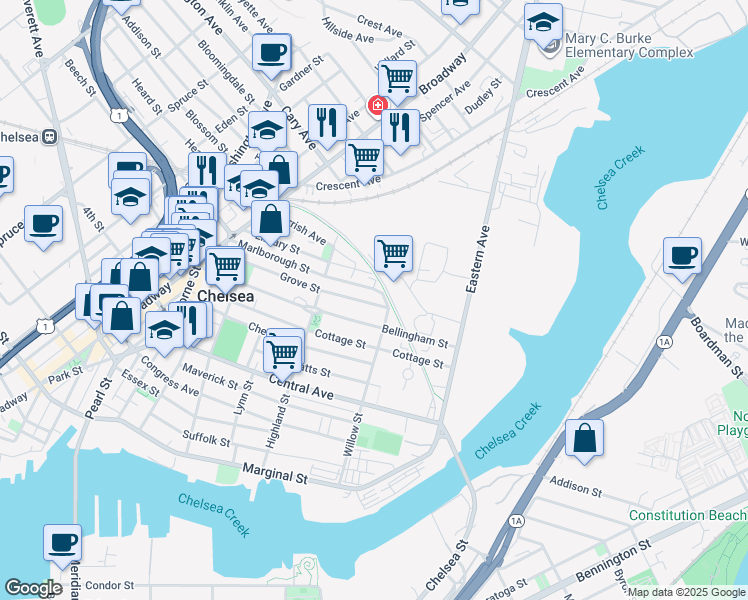 map of restaurants, bars, coffee shops, grocery stores, and more near 154 Grove Street in Chelsea
