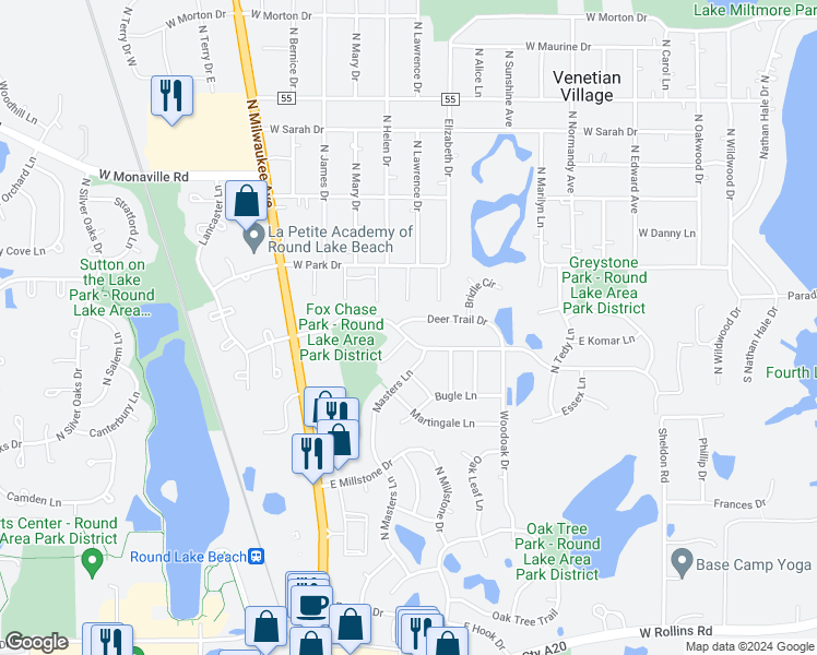 map of restaurants, bars, coffee shops, grocery stores, and more near 941 Deer Trail Drive in Round Lake Beach