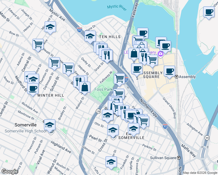 map of restaurants, bars, coffee shops, grocery stores, and more near 49 Fellsway West in Somerville
