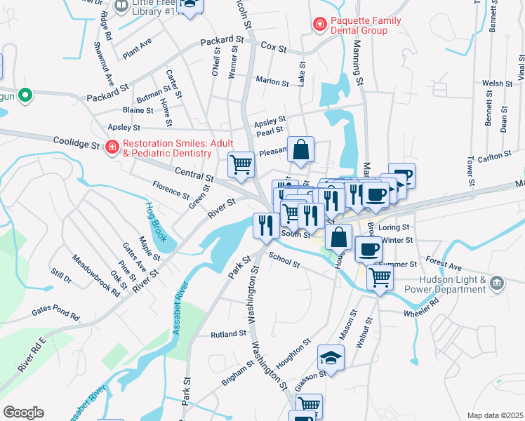 map of restaurants, bars, coffee shops, grocery stores, and more near 38387 Washington Street in Hudson