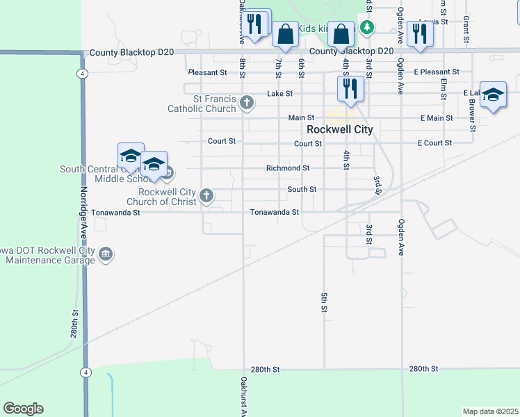 map of restaurants, bars, coffee shops, grocery stores, and more near 726 Tonawanda Street in Rockwell City
