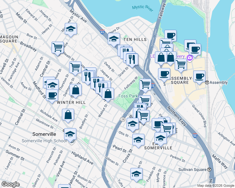 map of restaurants, bars, coffee shops, grocery stores, and more near 18 Fellsway West in Somerville