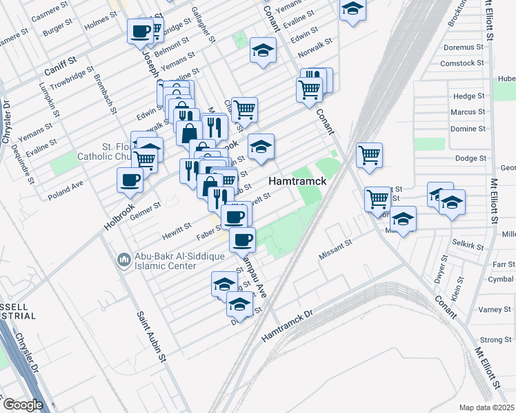 map of restaurants, bars, coffee shops, grocery stores, and more near 3002 Roosevelt Street in Hamtramck