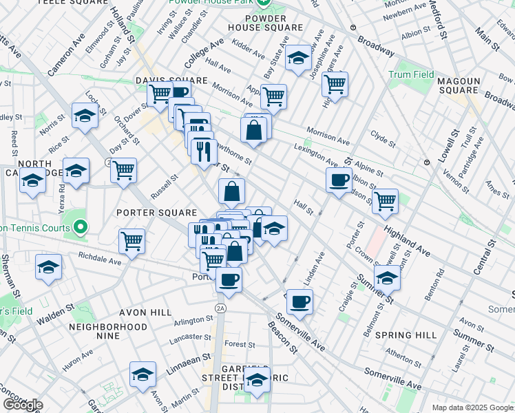 map of restaurants, bars, coffee shops, grocery stores, and more near 42 Burnside Avenue in Somerville