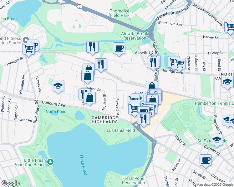 map of restaurants, bars, coffee shops, grocery stores, and more near 70 Fawcett Street in Cambridge