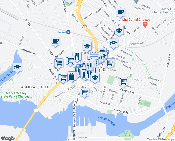 map of restaurants, bars, coffee shops, grocery stores, and more near 318 Broadway in Chelsea