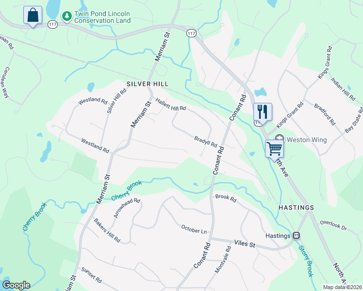 map of restaurants, bars, coffee shops, grocery stores, and more near 46 Willard Road in Weston