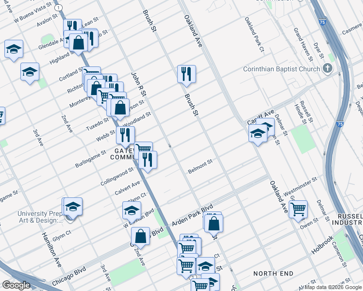 map of restaurants, bars, coffee shops, grocery stores, and more near 242 Harmon Street in Detroit