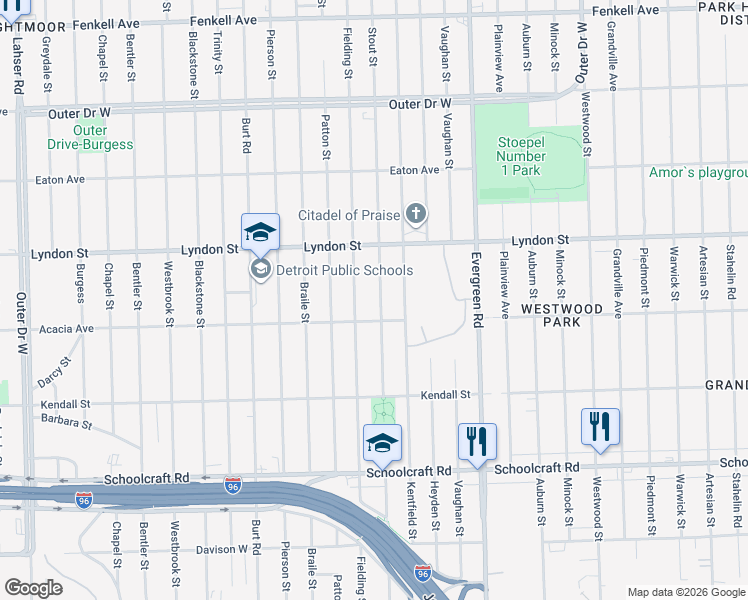 map of restaurants, bars, coffee shops, grocery stores, and more near 14334 Stout Street in Detroit