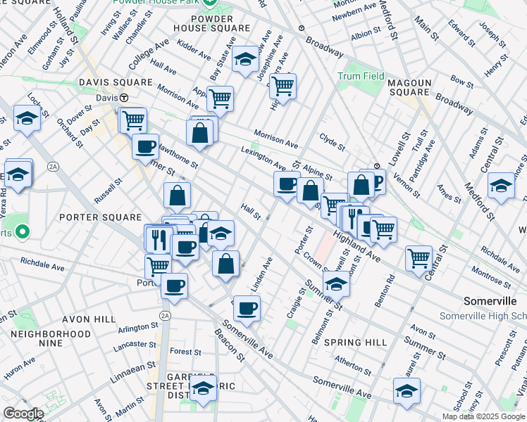 map of restaurants, bars, coffee shops, grocery stores, and more near 11 Hall Street in Somerville