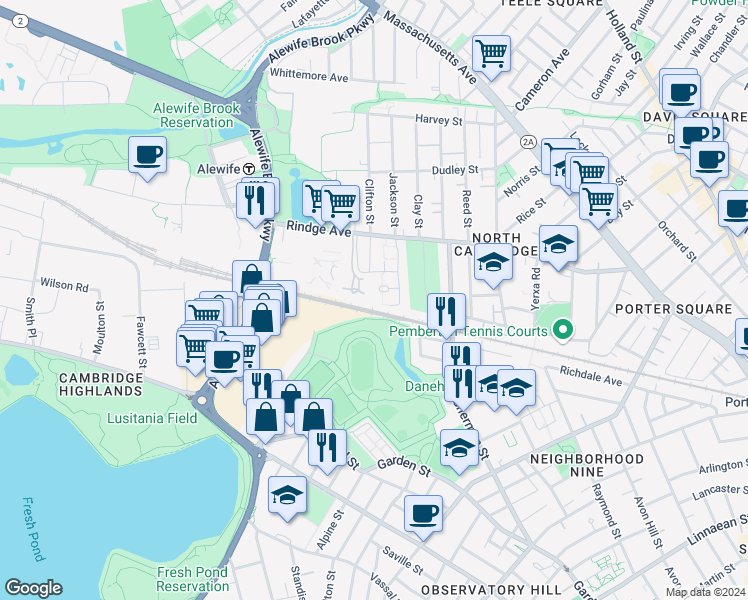 map of restaurants, bars, coffee shops, grocery stores, and more near 80 Jackson Circle in Cambridge