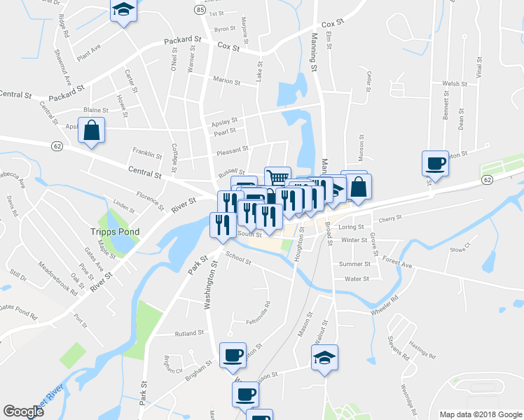 map of restaurants, bars, coffee shops, grocery stores, and more near 13 Pope Street in Hudson