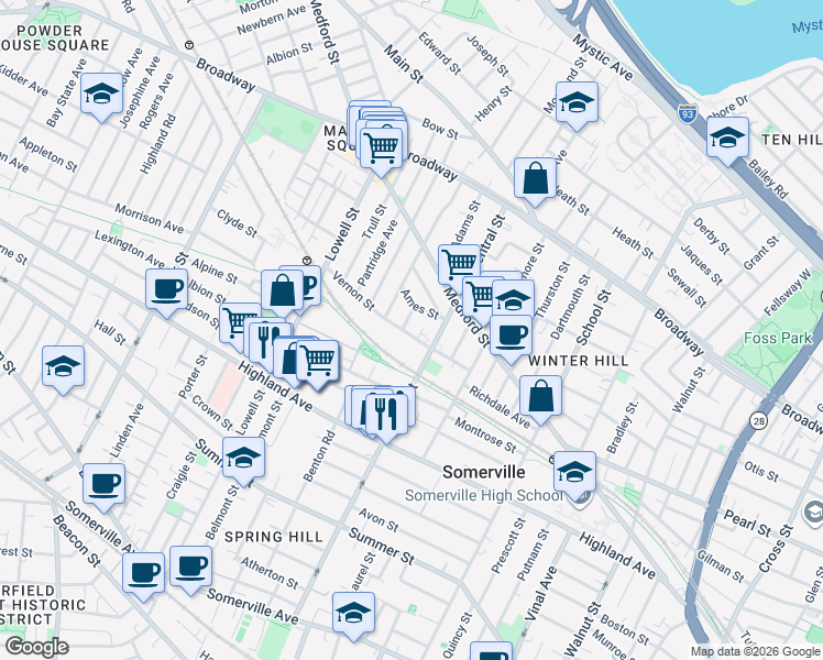 map of restaurants, bars, coffee shops, grocery stores, and more near 48 Vernon Street in Somerville