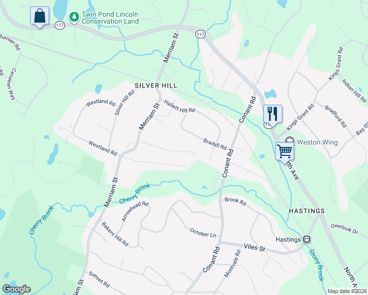 map of restaurants, bars, coffee shops, grocery stores, and more near 46 Willard Road in Weston