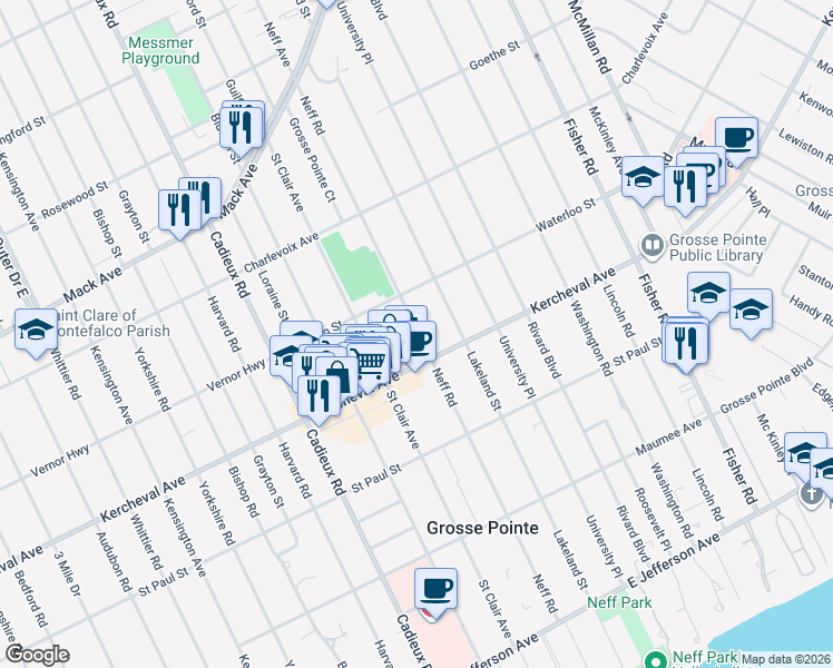 map of restaurants, bars, coffee shops, grocery stores, and more near 634 Neff Road in Grosse Pointe