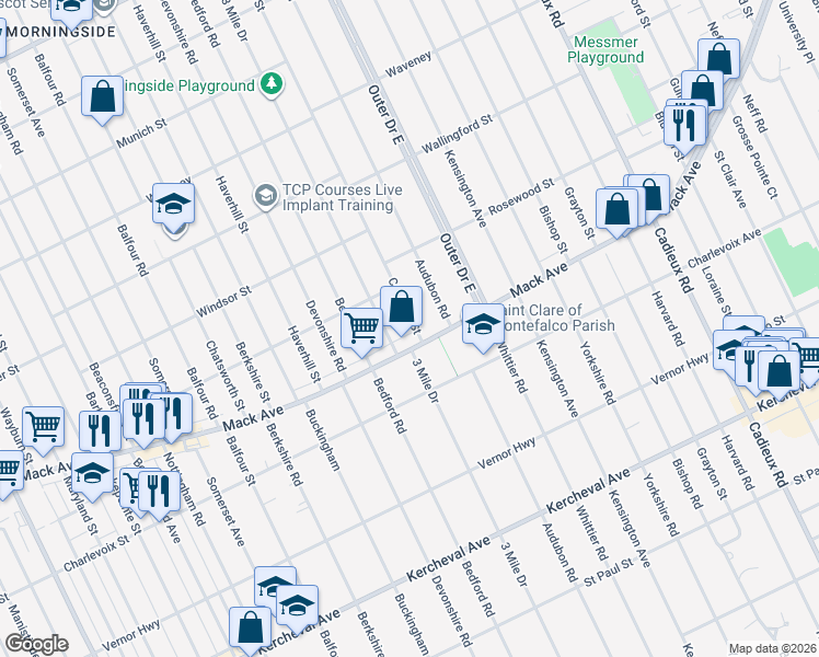 map of restaurants, bars, coffee shops, grocery stores, and more near 3431 Courville Street in Detroit