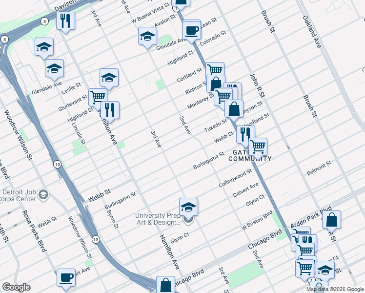 map of restaurants, bars, coffee shops, grocery stores, and more near 648 Webb Street in Detroit