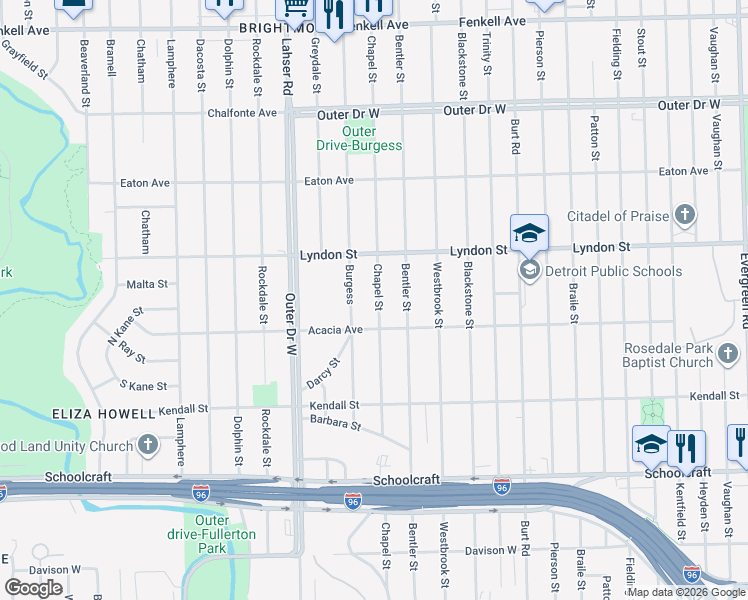 map of restaurants, bars, coffee shops, grocery stores, and more near 14345 Chapel Street in Detroit