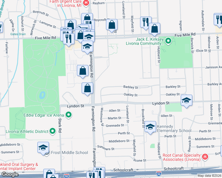 map of restaurants, bars, coffee shops, grocery stores, and more near 33024 Oakley Street in Livonia