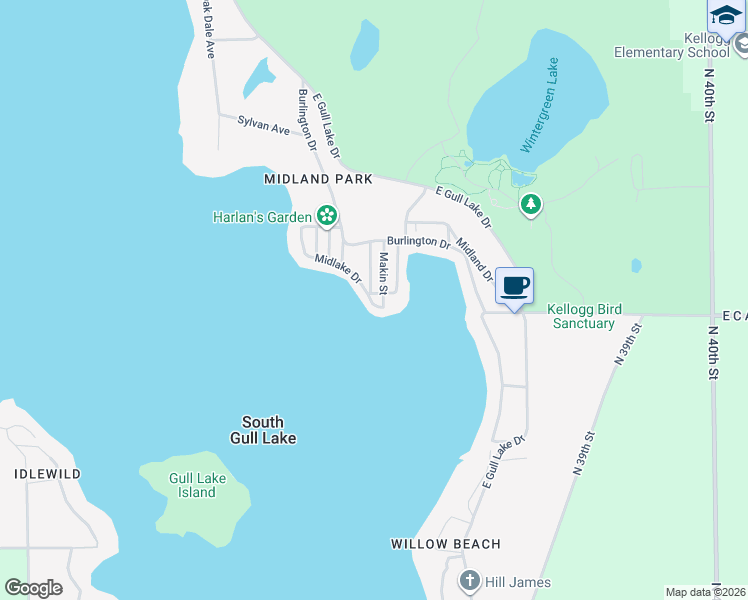 map of restaurants, bars, coffee shops, grocery stores, and more near 2020 Midlake Drive in Hickory Corners