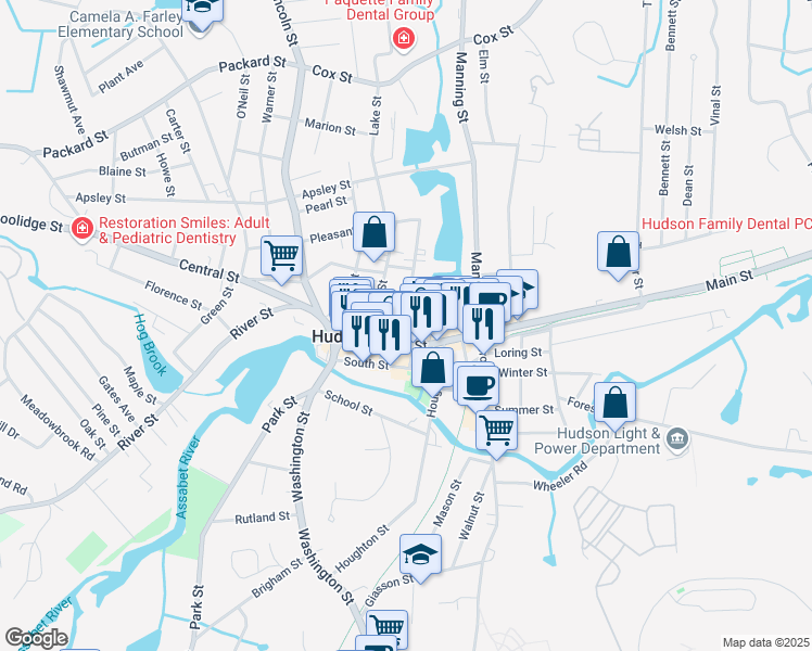 map of restaurants, bars, coffee shops, grocery stores, and more near 1 Church Street in Hudson