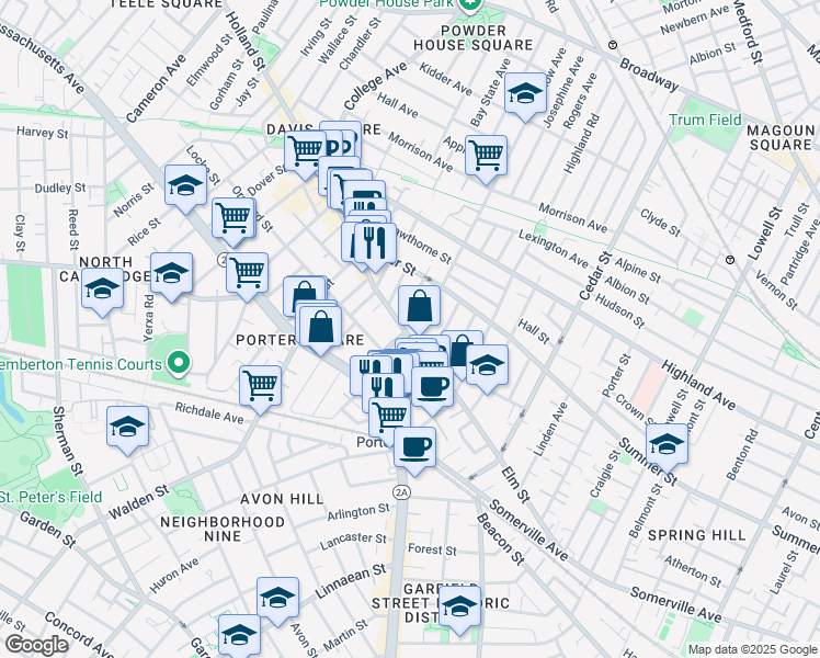 map of restaurants, bars, coffee shops, grocery stores, and more near 25 Beech Street in Cambridge