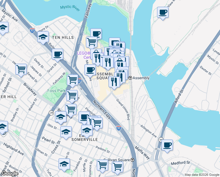 map of restaurants, bars, coffee shops, grocery stores, and more near 90 Grand Union Boulevard in Somerville