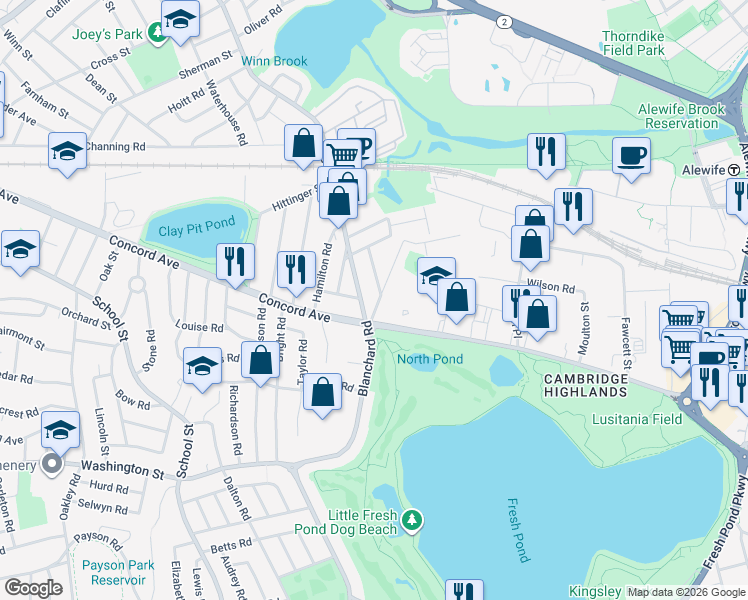 map of restaurants, bars, coffee shops, grocery stores, and more near 17-19 Griswold Street in Cambridge