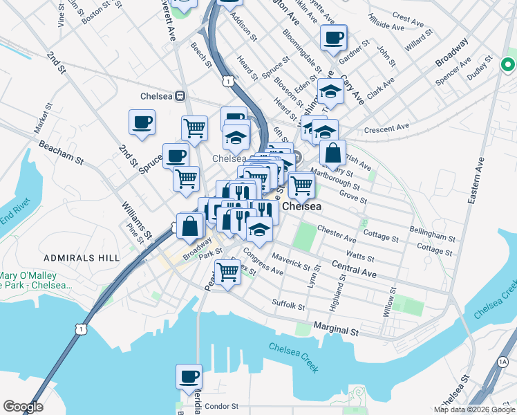 map of restaurants, bars, coffee shops, grocery stores, and more near 15 4th Street in Chelsea