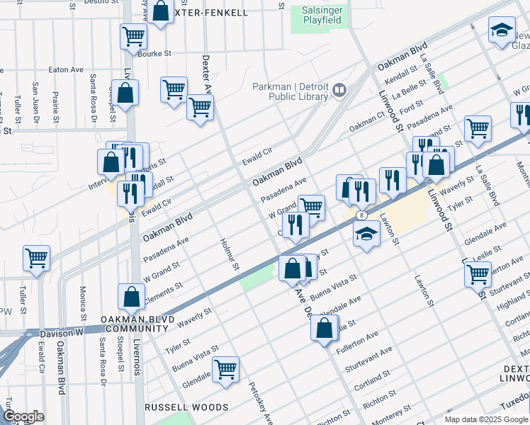 map of restaurants, bars, coffee shops, grocery stores, and more near 13700 Dexter Avenue in Detroit