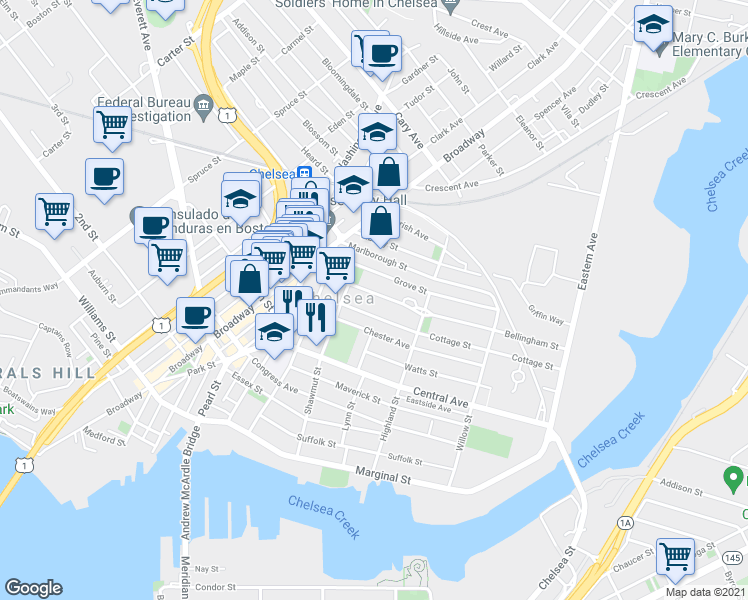 map of restaurants, bars, coffee shops, grocery stores, and more near 36 Cottage Street in Chelsea