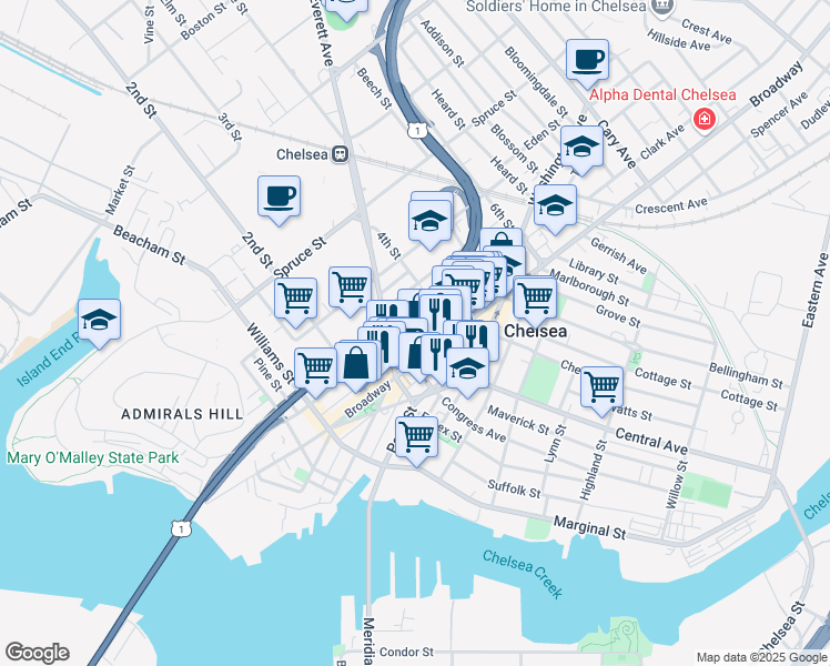 map of restaurants, bars, coffee shops, grocery stores, and more near 302 Broadway in Chelsea