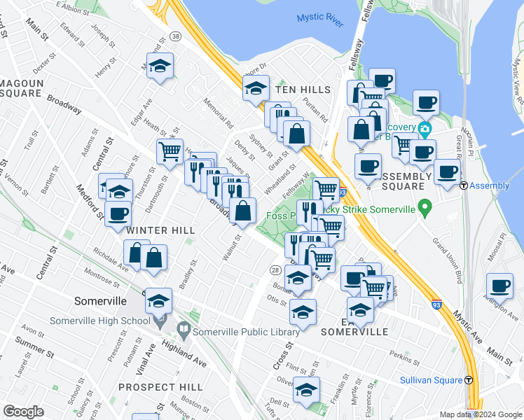 map of restaurants, bars, coffee shops, grocery stores, and more near 18 Fellsway West in Somerville