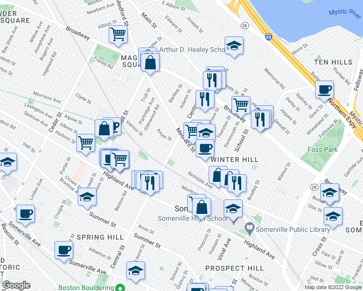 map of restaurants, bars, coffee shops, grocery stores, and more near 418 Medford Street in Somerville