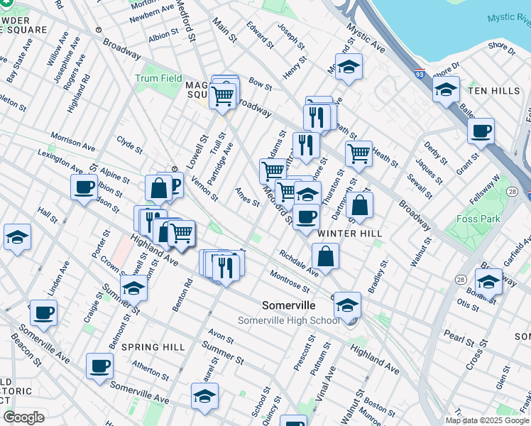 map of restaurants, bars, coffee shops, grocery stores, and more near 122 Central Street in Somerville