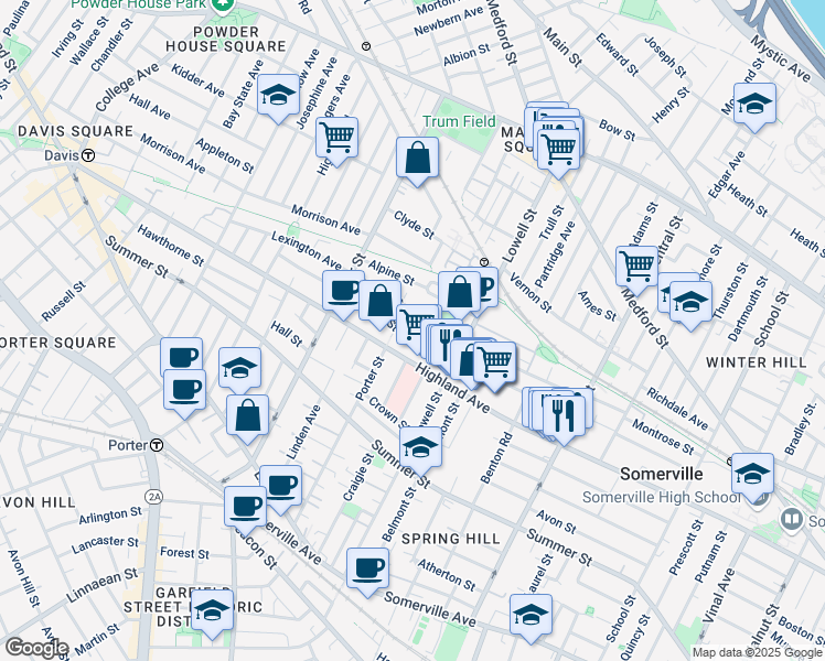 map of restaurants, bars, coffee shops, grocery stores, and more near 121 Hudson Street in Somerville