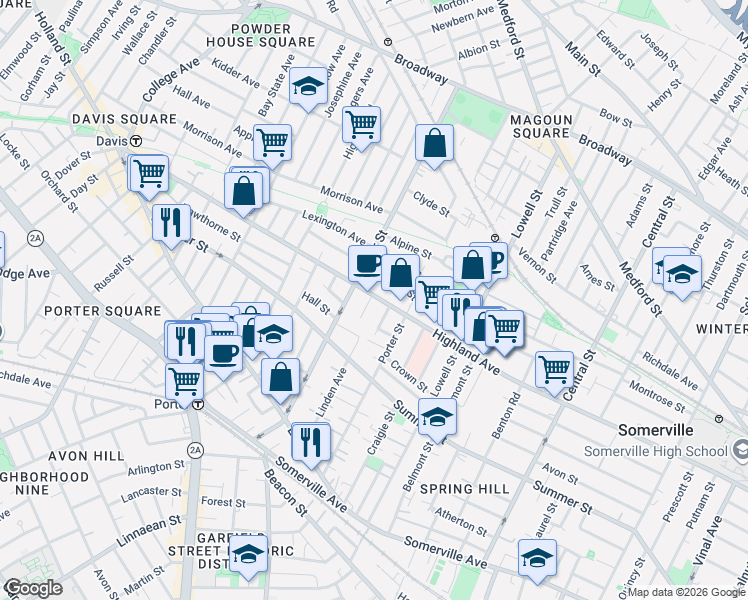 map of restaurants, bars, coffee shops, grocery stores, and more near 9 Eastman Road in Somerville