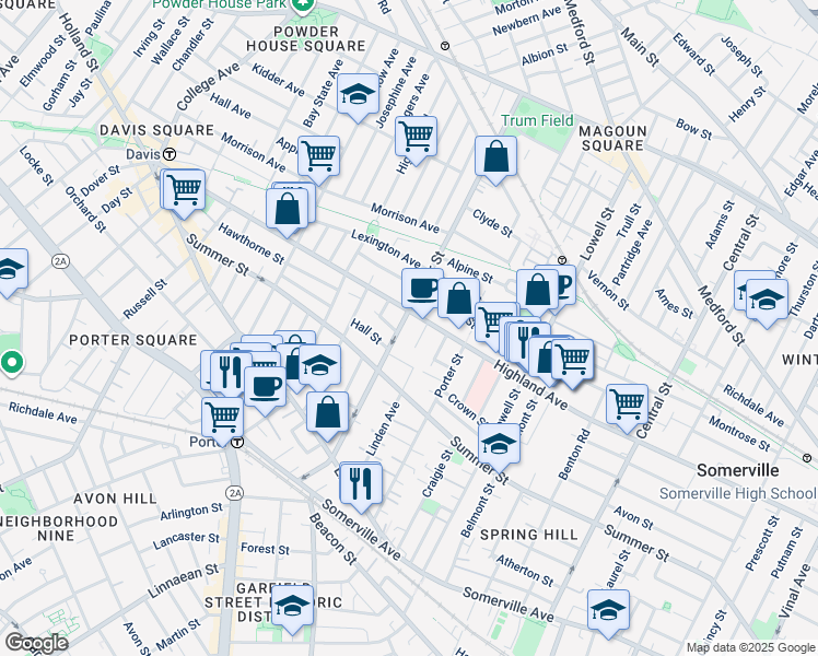 map of restaurants, bars, coffee shops, grocery stores, and more near 9 Eastman Road in Somerville