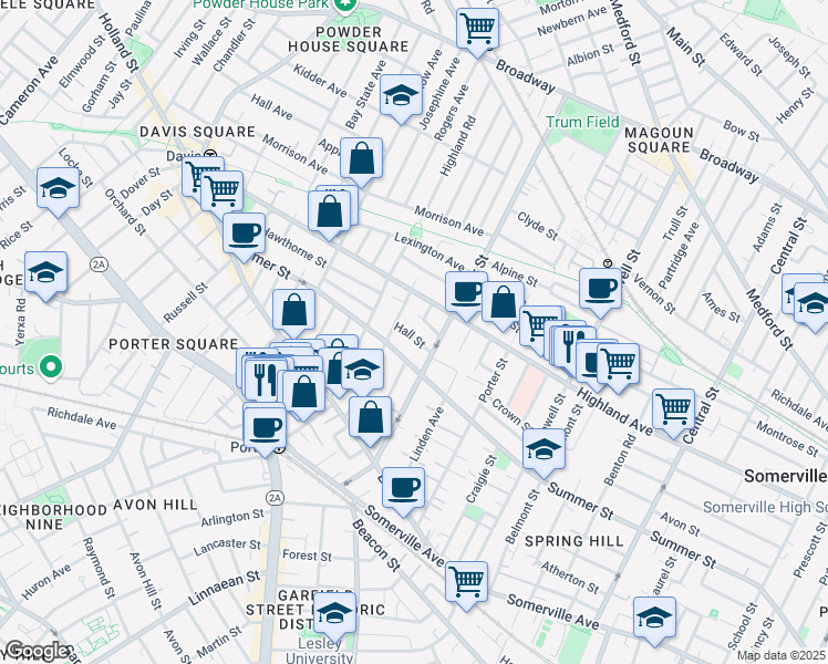 map of restaurants, bars, coffee shops, grocery stores, and more near 11 Hall Street in Somerville