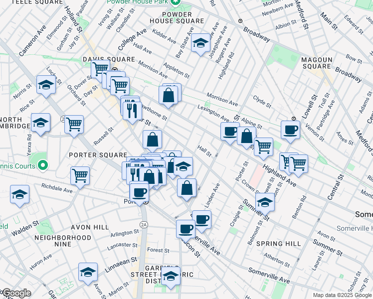 map of restaurants, bars, coffee shops, grocery stores, and more near 283 Summer Street in Somerville