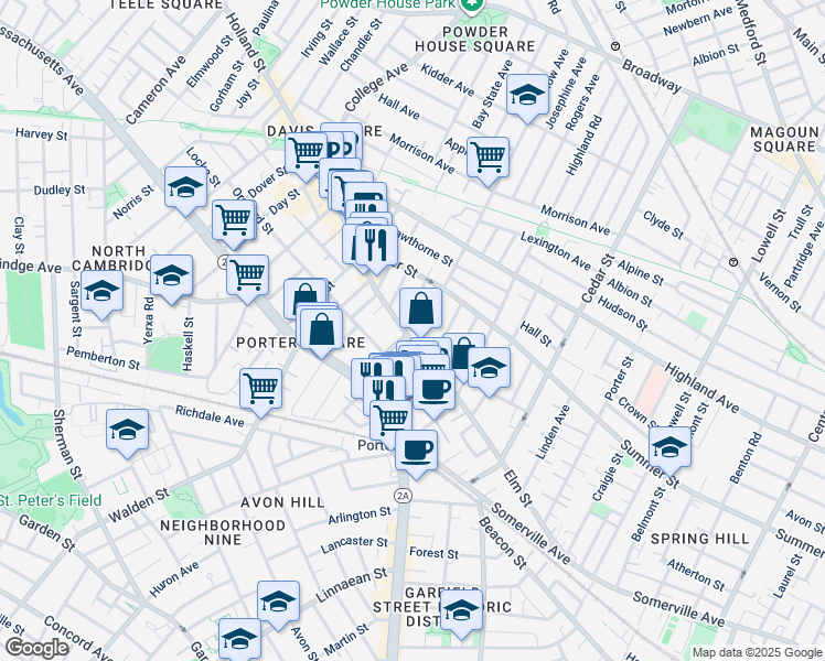 map of restaurants, bars, coffee shops, grocery stores, and more near 25 Beech Street in Cambridge